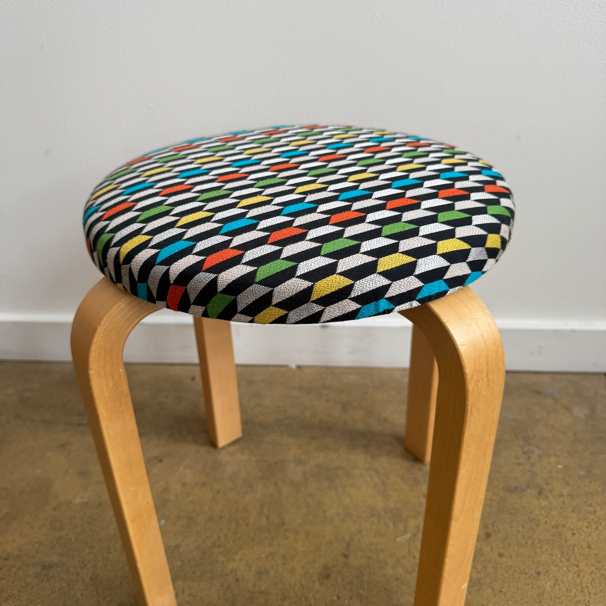 Artek Carnegie Multicolor Geometric fabric Aalto Stool 60 (New Upholstery) - Image 4