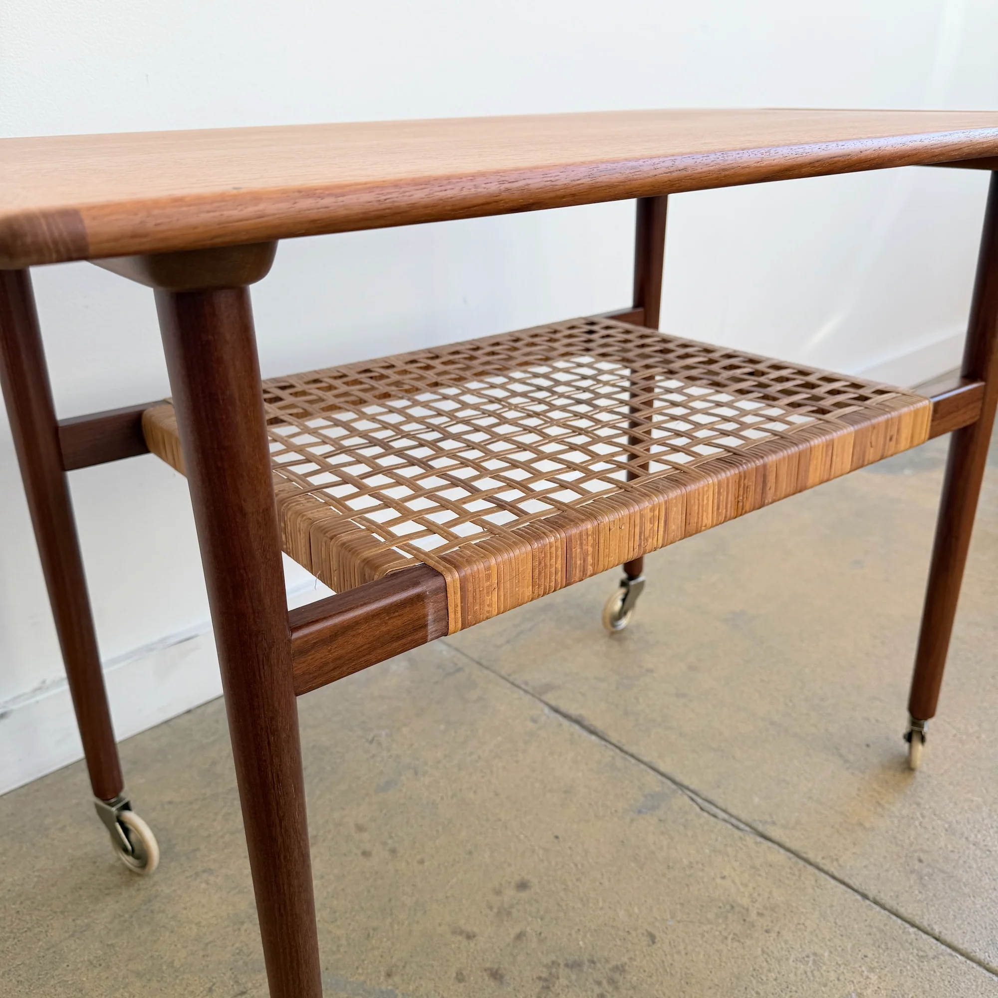 Danish Modern Anton Kildeberg Teak Rattan Trolley (Refinished) - Image 7