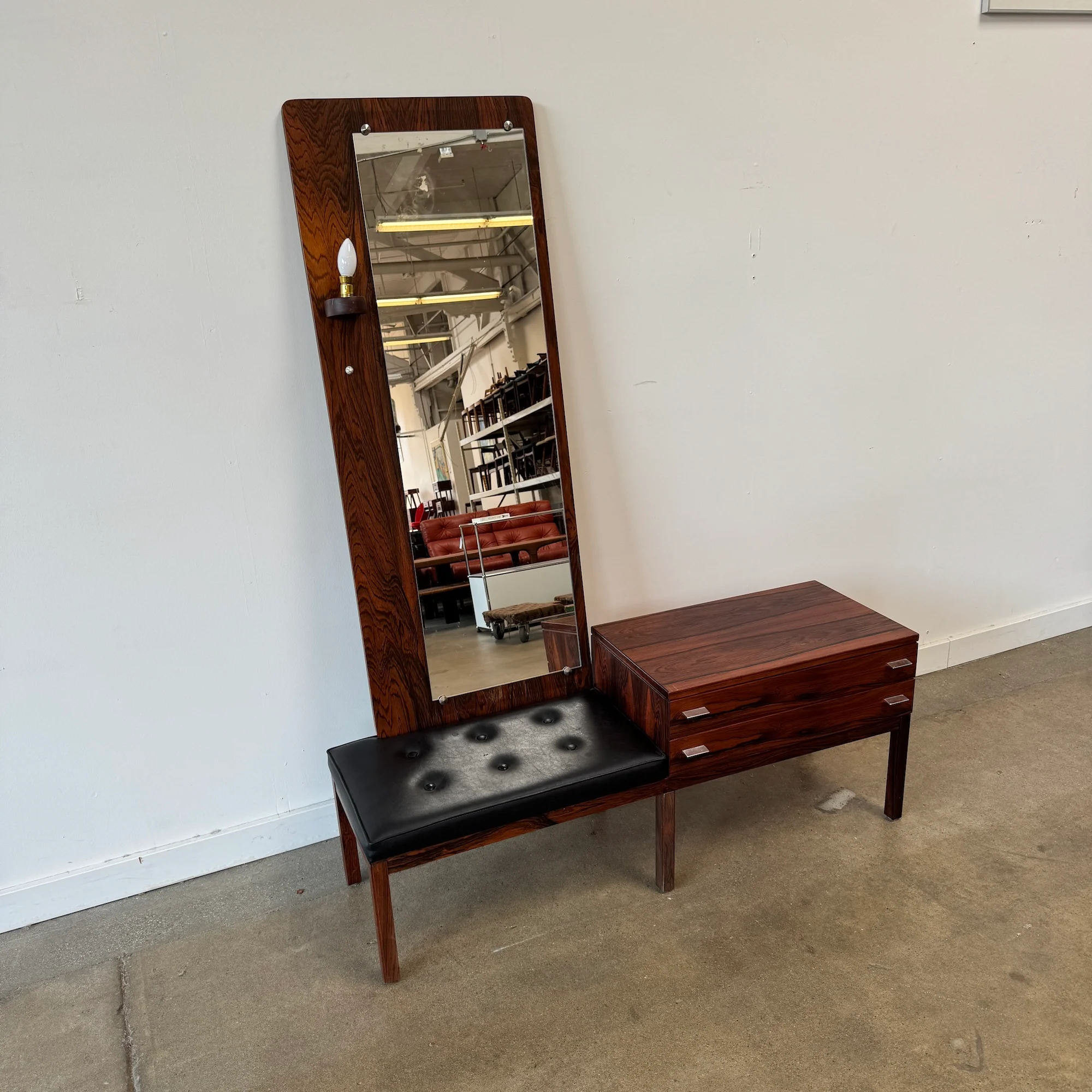 Danish Modern Fröseke Rosewood Entryway Bench with Storage and Tall Mirror