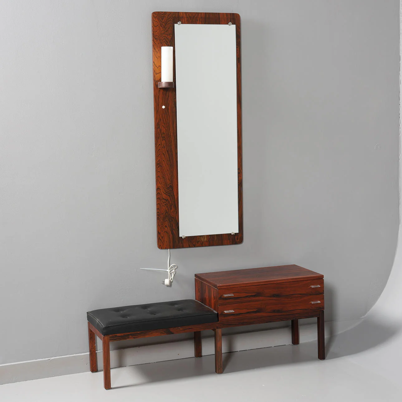 Danish Modern Fröseke Rosewood Entryway Bench with Storage and Tall Mirror