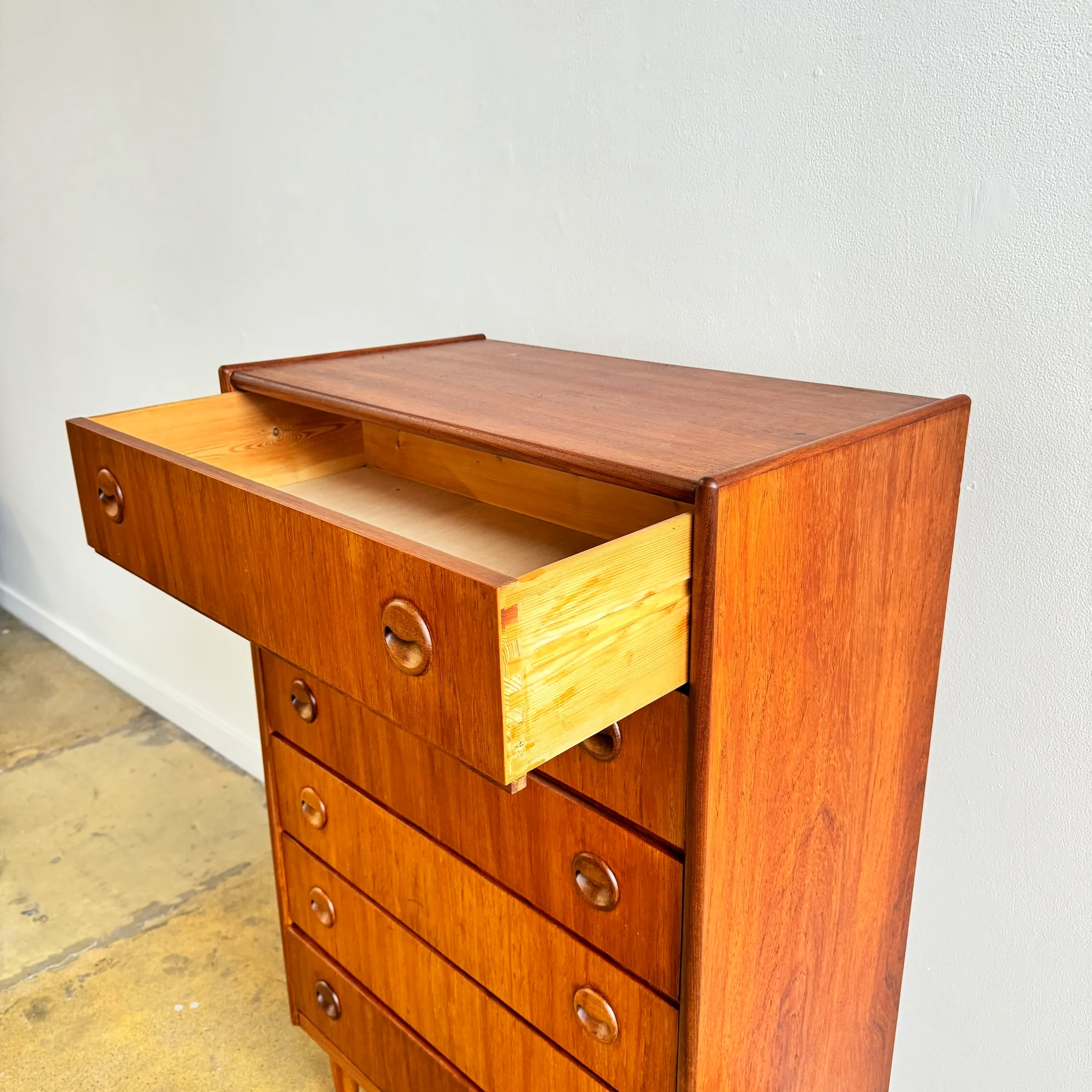 Danish Modern Kai Kristiansen Bow Front Teak Tallboy Dresser - Image 5