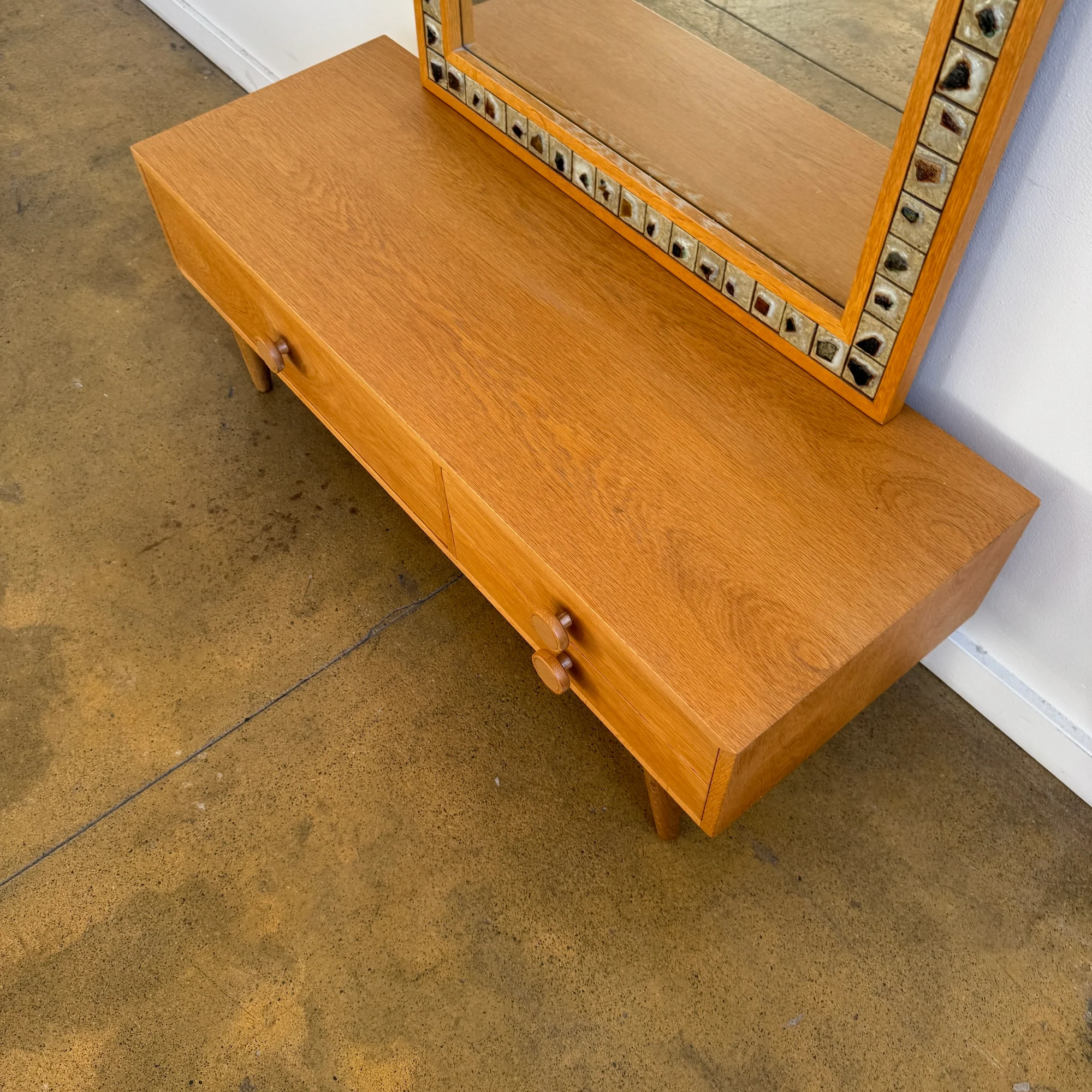 Danish Modern Oak Entryway Mirror + Storage Drawer/ Bench - Image 8