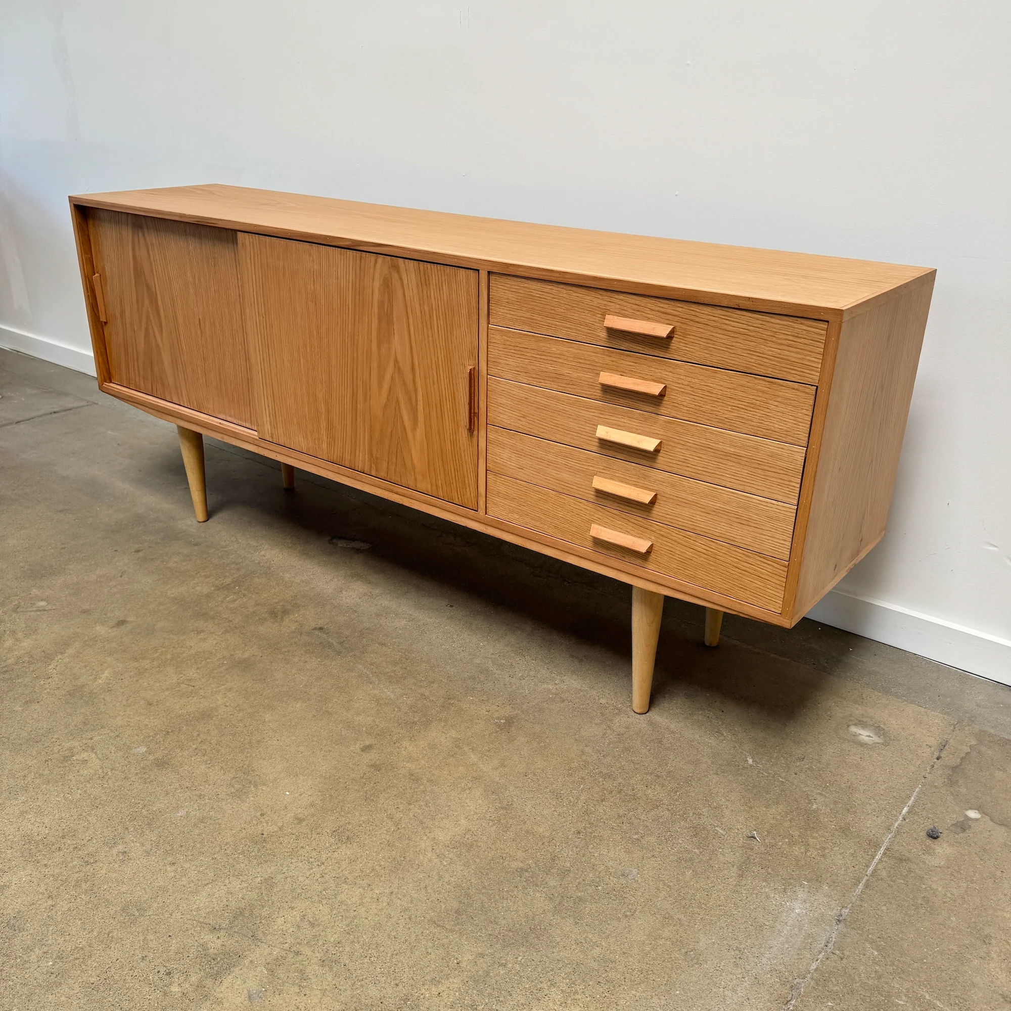 Danish Modern Oakwood Sideboard with 5 drawers and sliding doors - Image 4