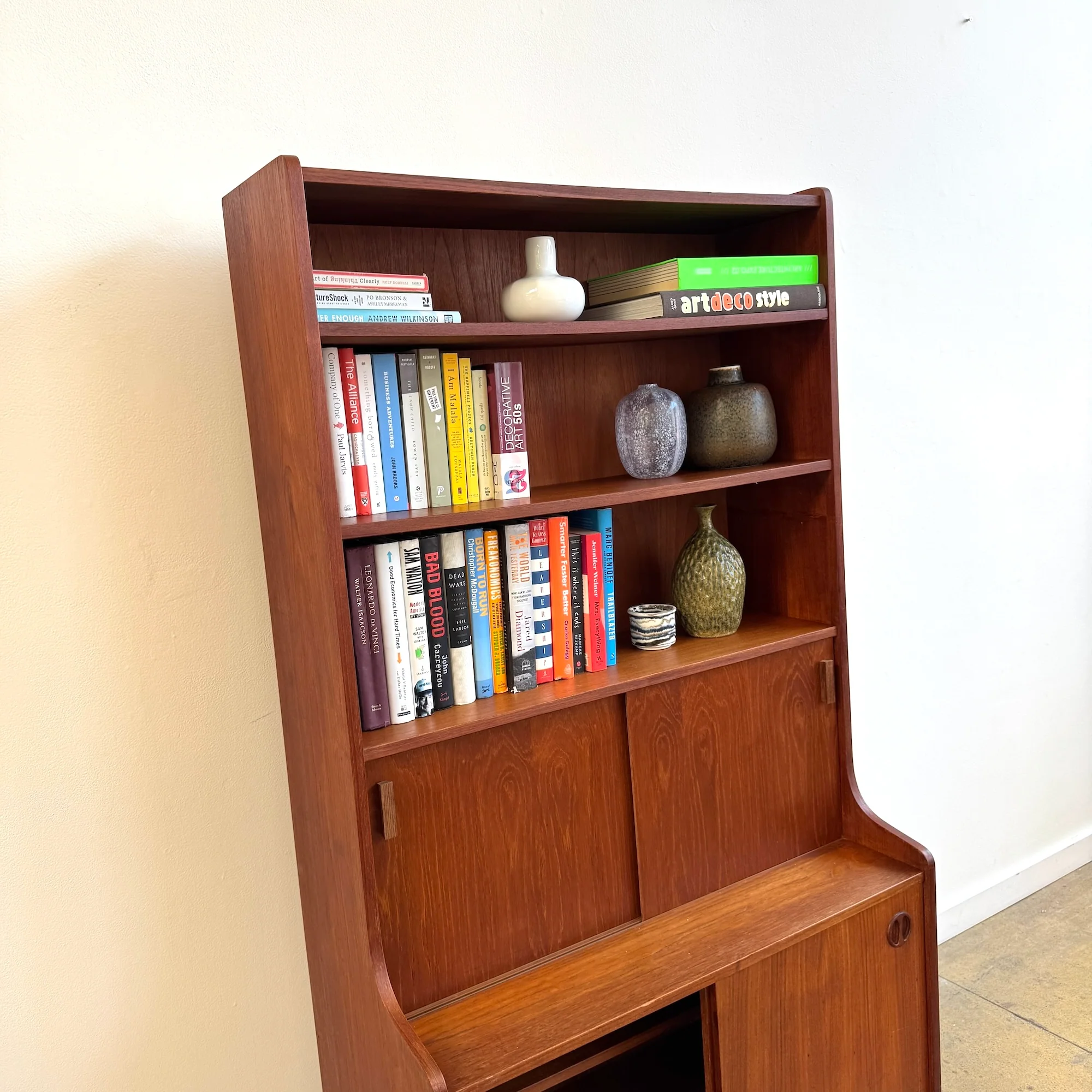 Danish Modern Tall Teak Bookcase with Credenza Base - Image 4