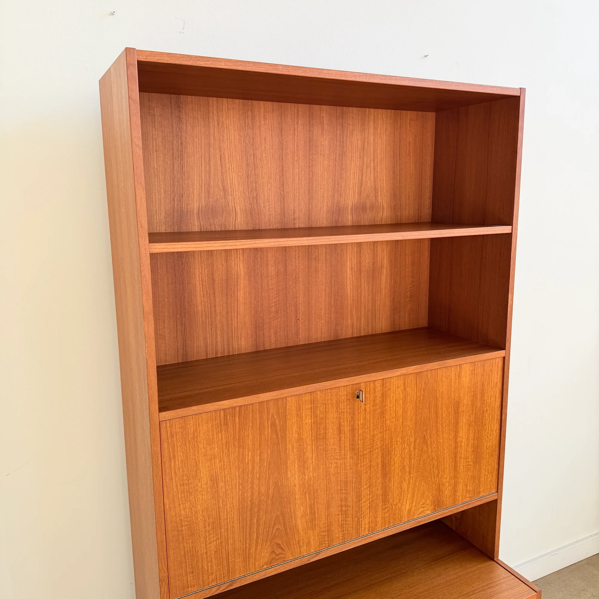 Danish Modern Teak Bookshelf cabinet with Drop Down Desk - Image 6