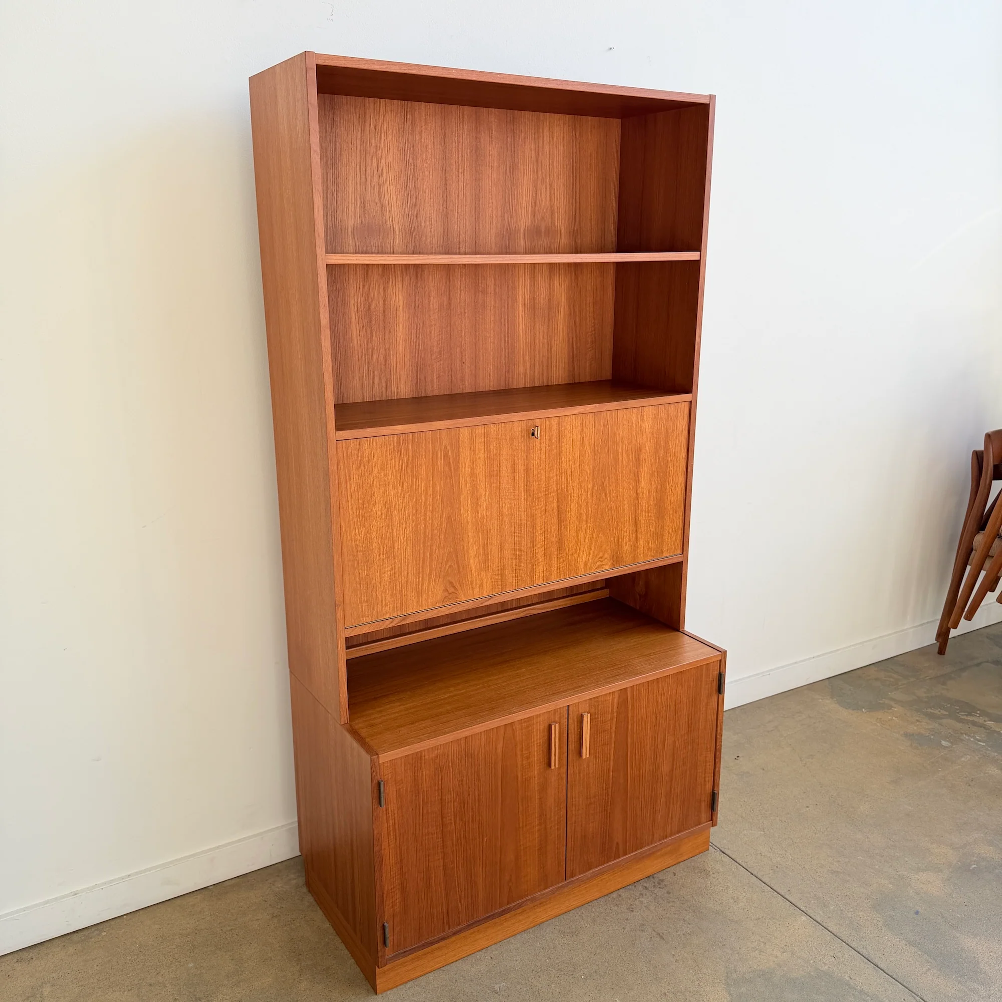 Danish Modern Teak Bookshelf cabinet with Drop Down Desk - Image 7