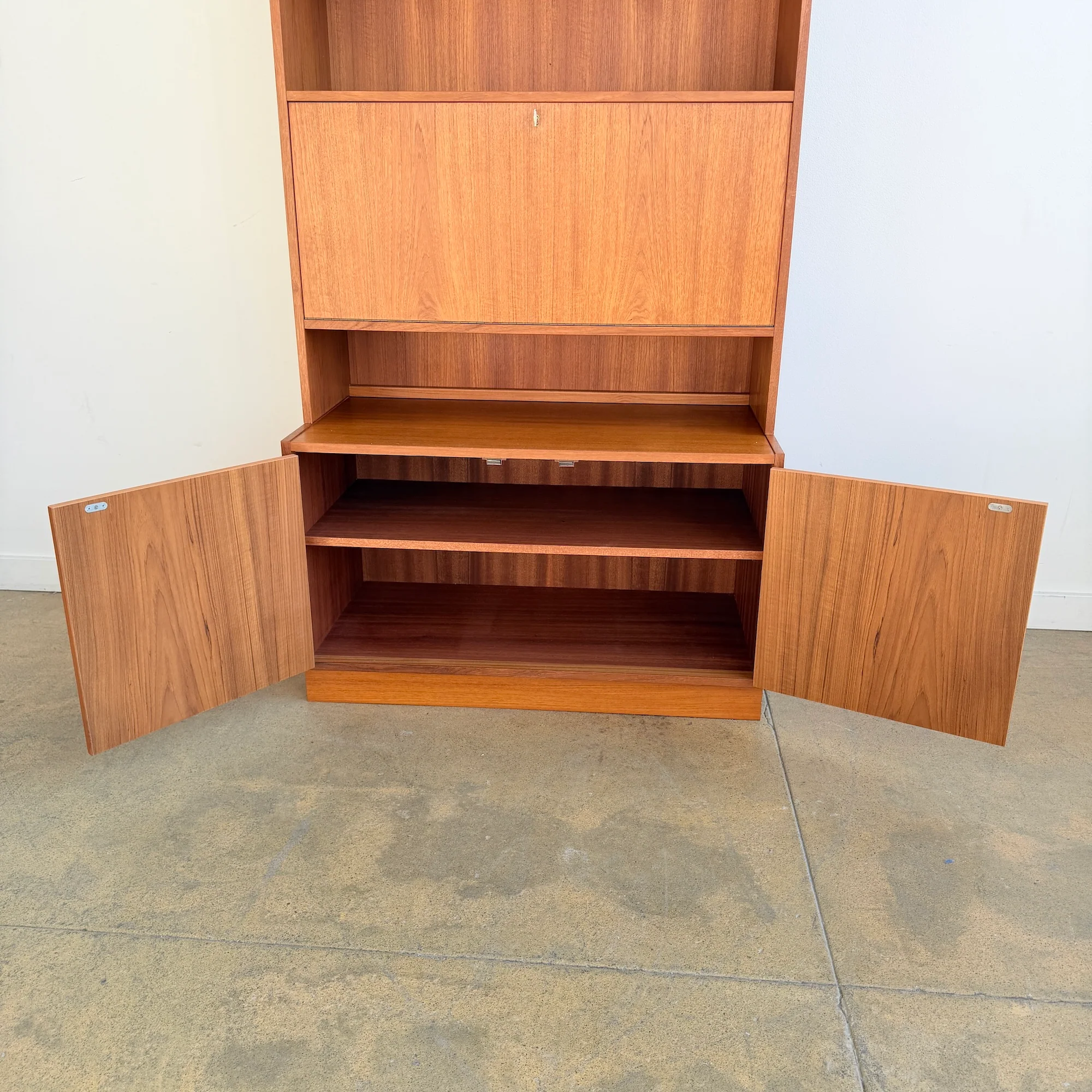 Danish Modern Teak Bookshelf cabinet with Drop Down Desk - Image 9