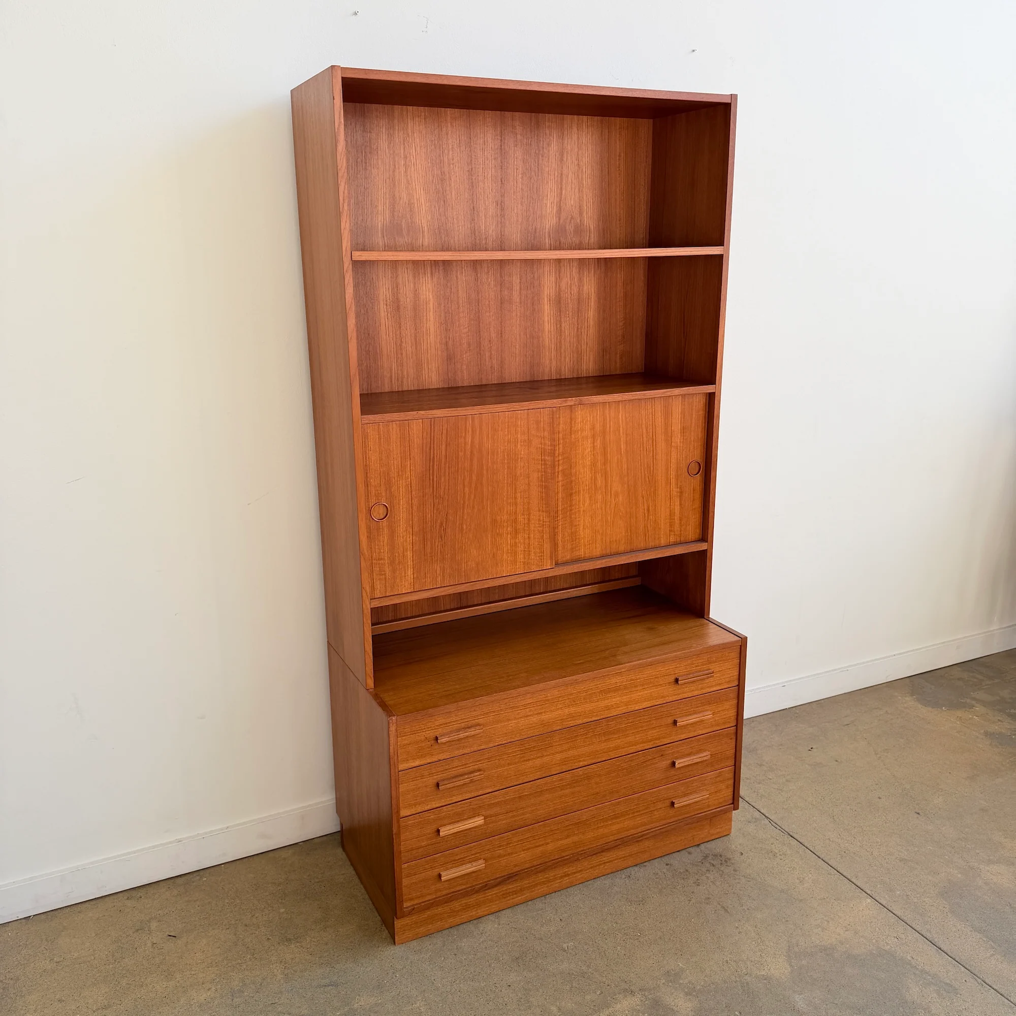 Danish Modern Teak Bookshelf Cabinet with Sliding Doors and Five Drawers - Image 2