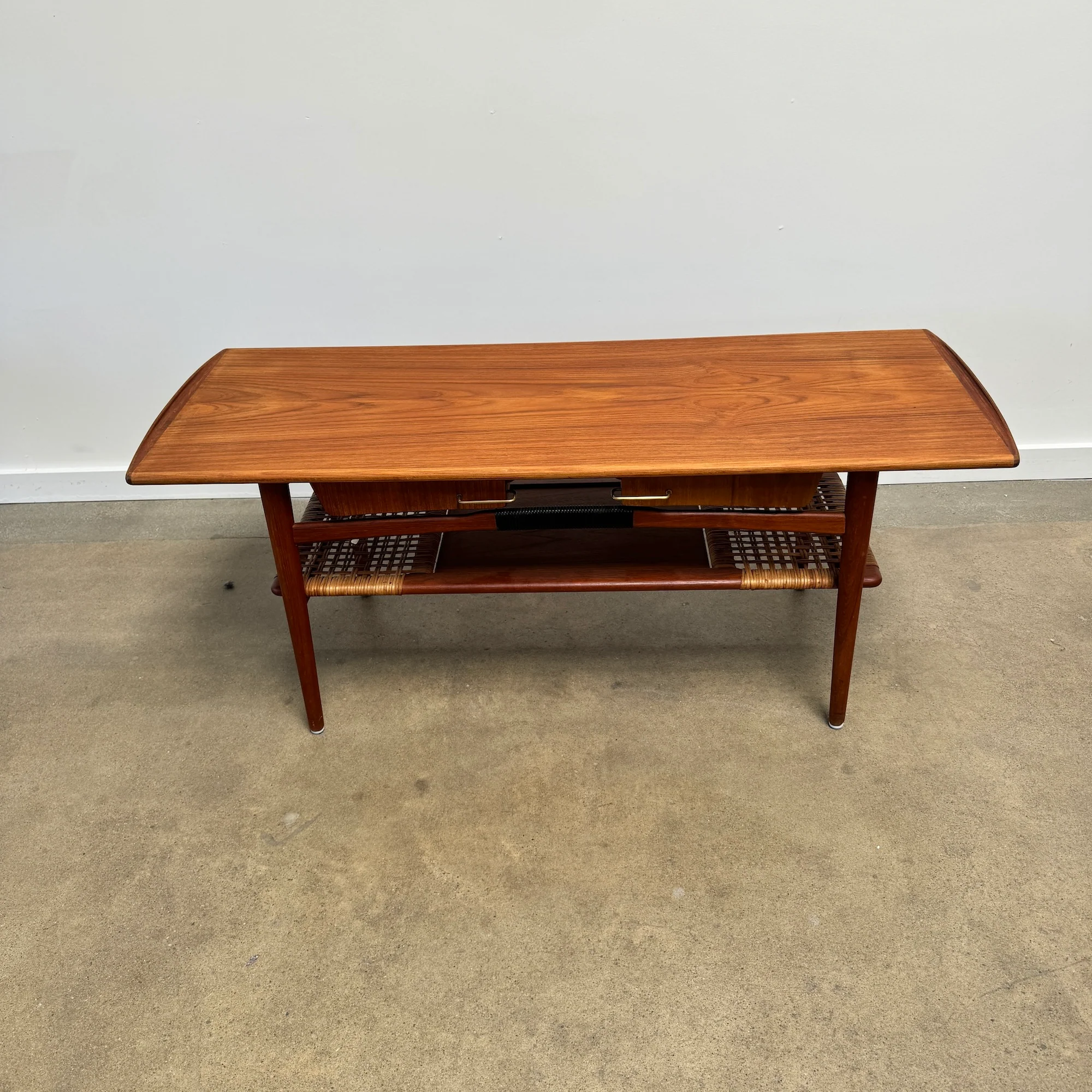 Danish Modern Teak Coffee Table Cane Shelf Rolled Edges 4 Storage Drawers - Image 3