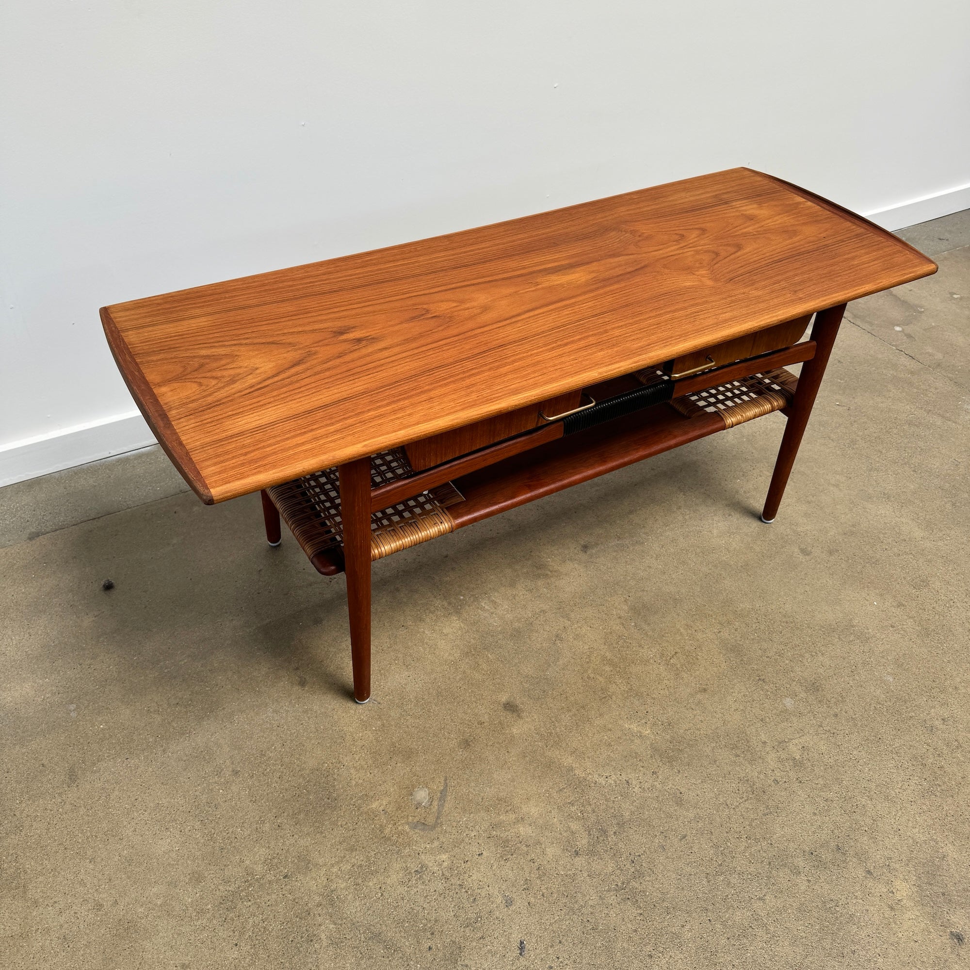 Danish Modern Teak Coffee Table Cane Shelf Rolled Edges 4 Storage Drawers - Image 4