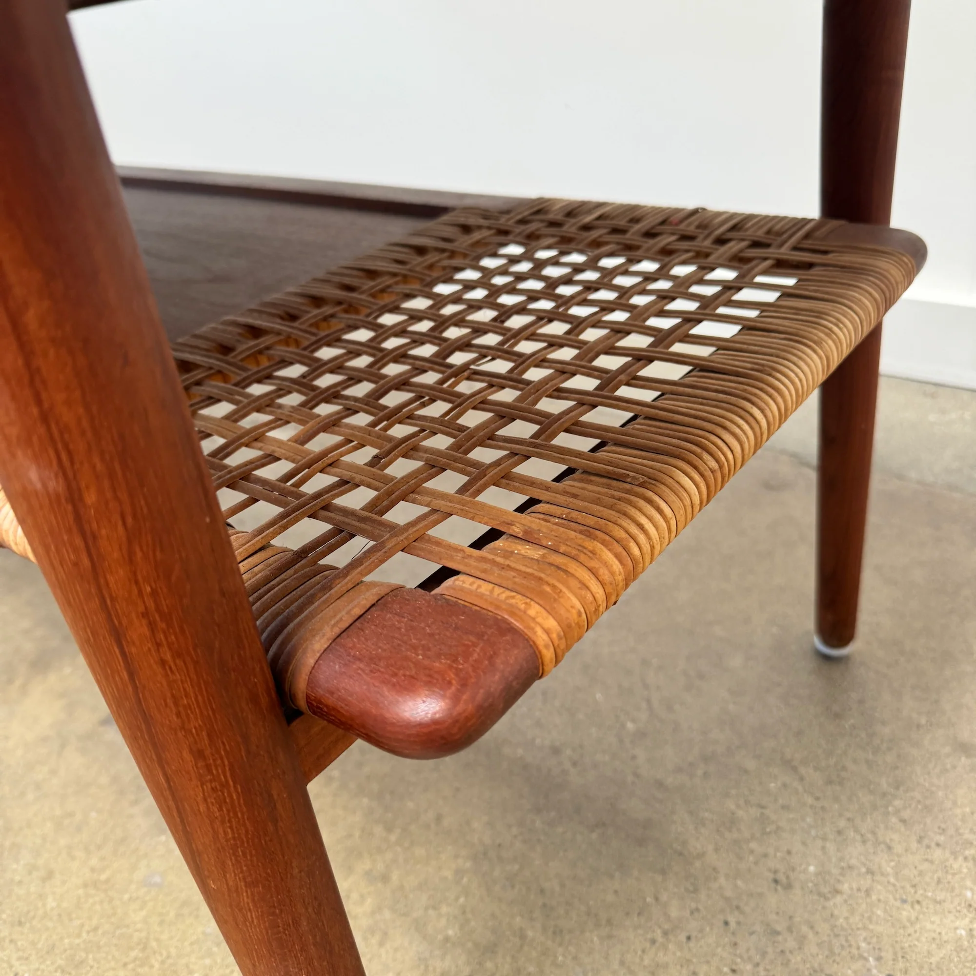Danish Modern Teak Coffee Table Cane Shelf Rolled Edges 4 Storage Drawers - Image 5