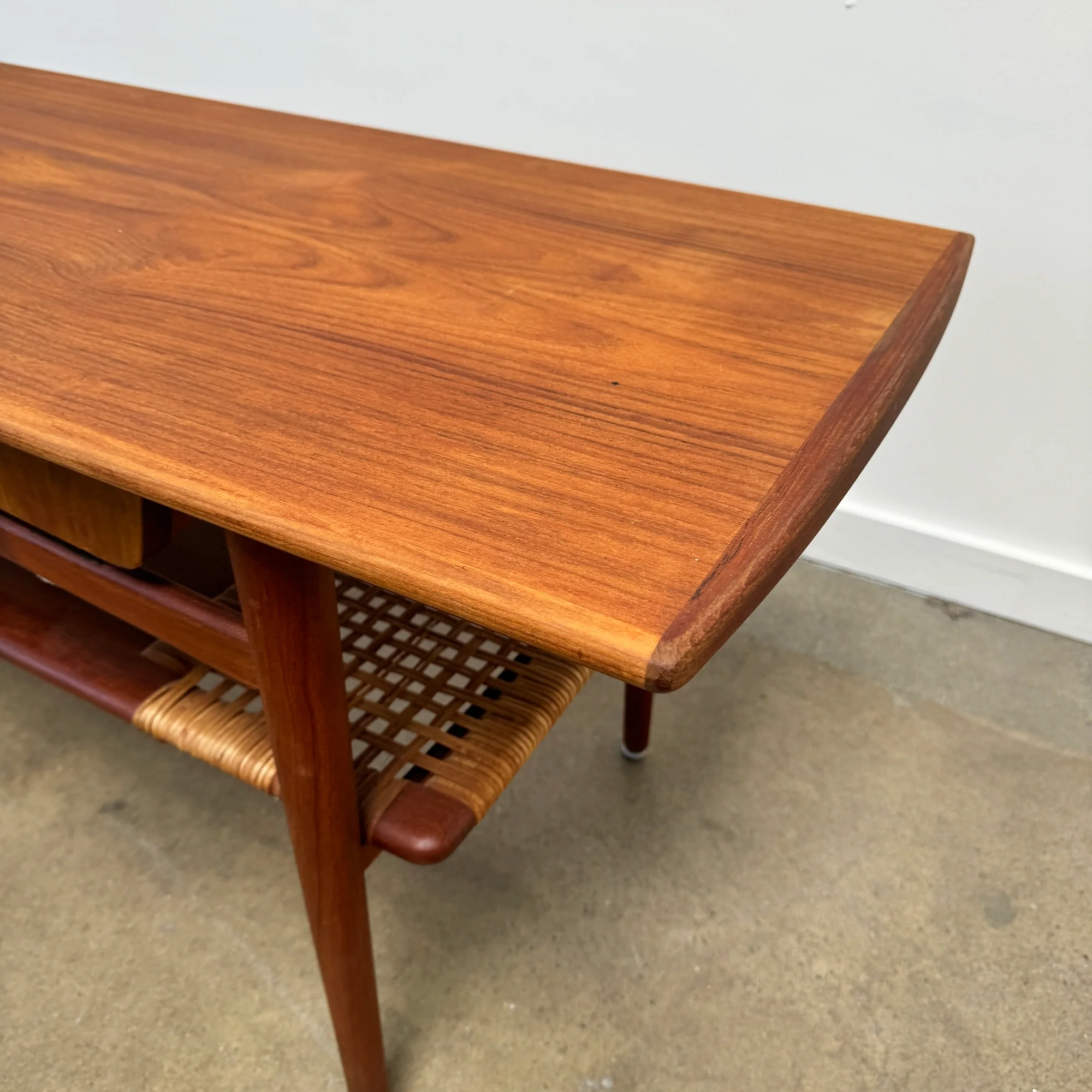 Danish Modern Teak Coffee Table Cane Shelf Rolled Edges 4 Storage Drawers - Image 6