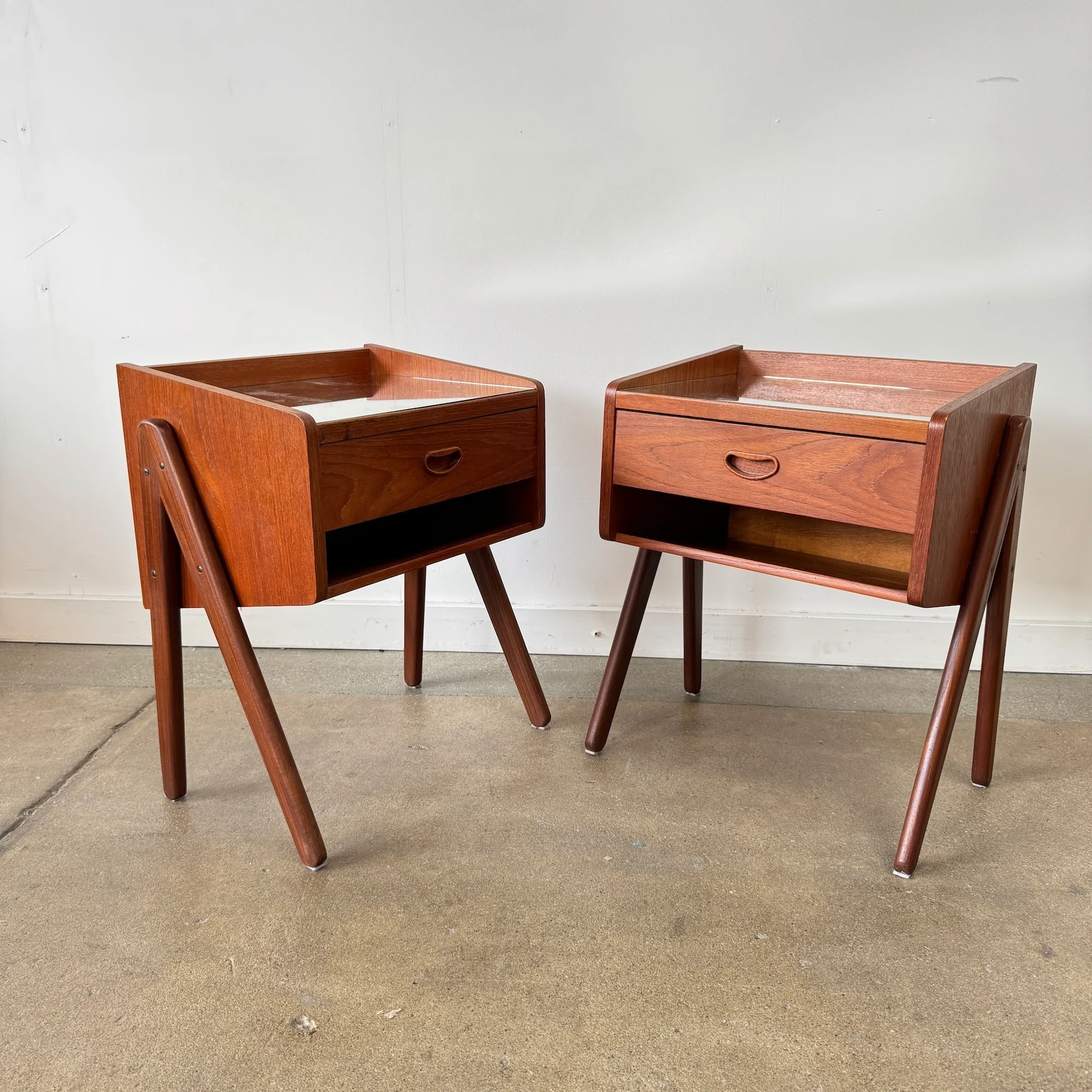 Danish Modern Teak Nightstands with Mirror Tops