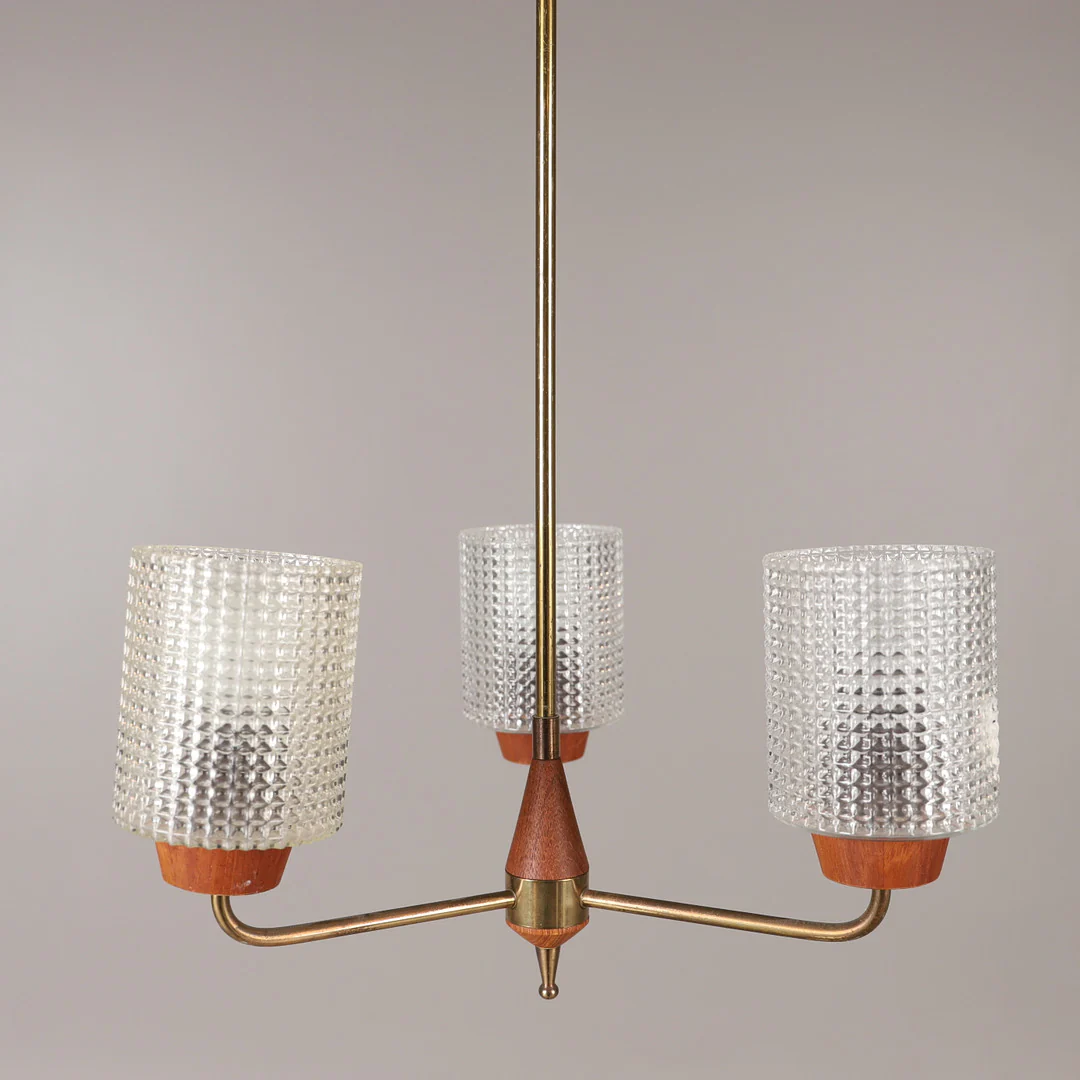 Danish Teak 3-arm teak/brass ceiling lamp with glass cups