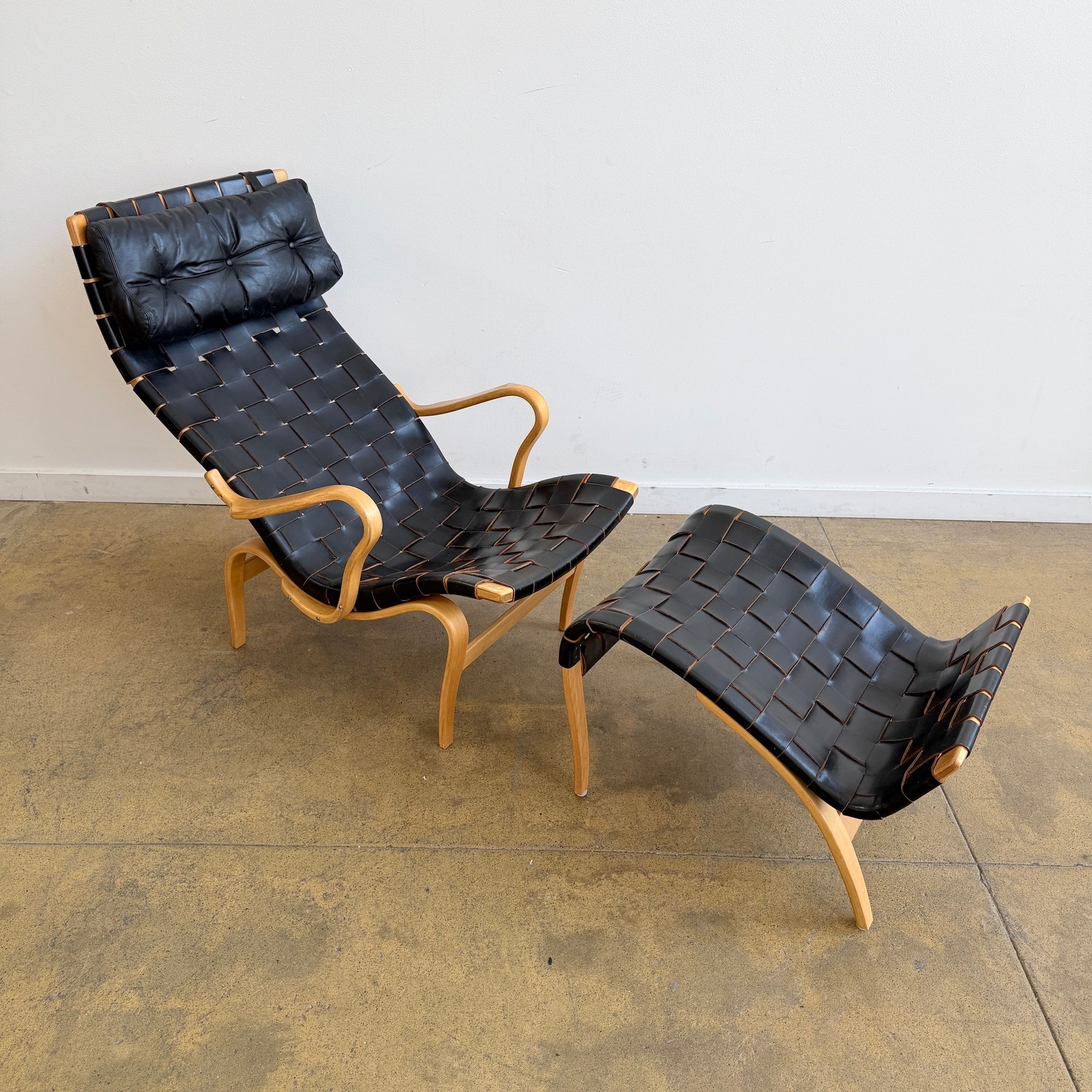 Rare! Bruno Mathsson “Pernilla” Leather Webbing Armchair & Ottoman for Karl Mathsson 1973 - Image 5